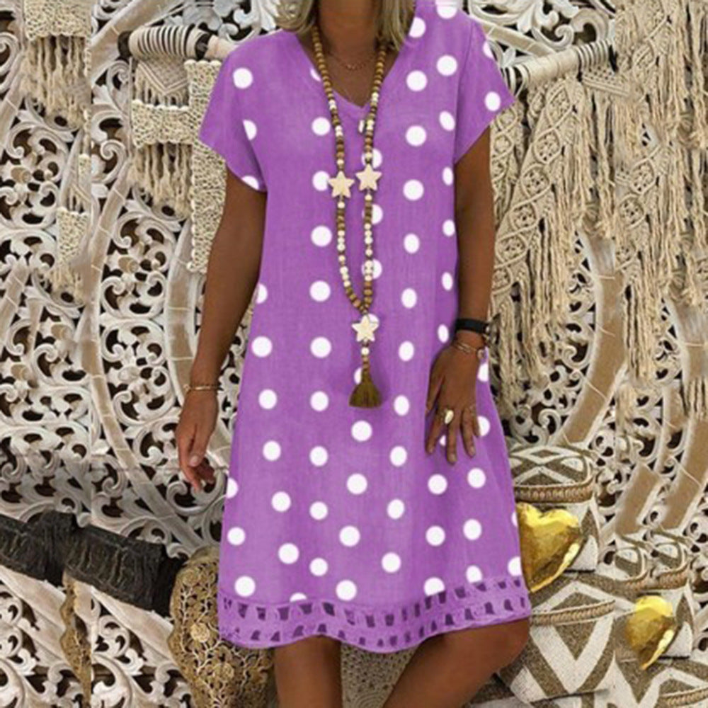 Women's Fashion Polka Dot Short Sleeve V-neck Printed Midi Dress