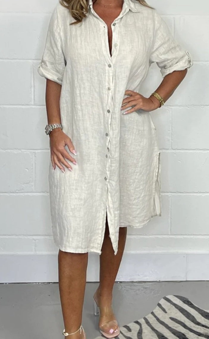 Loose Casual Half Sleeve Solid Color Cotton Linen Shirt Dress