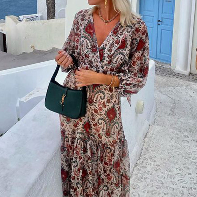 Fashion Temperament Printed V-neck Bohemian Long Dress