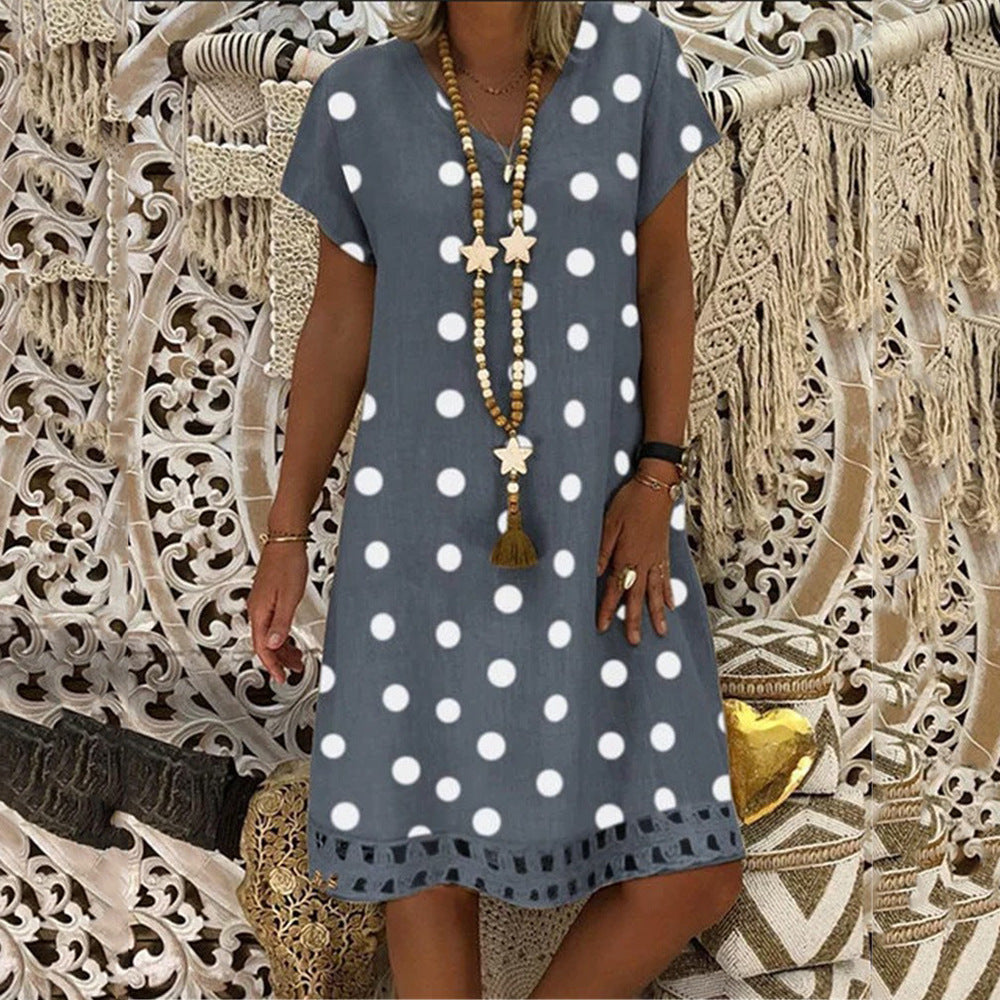 Women's Fashion Polka Dot Short Sleeve V-neck Printed Midi Dress