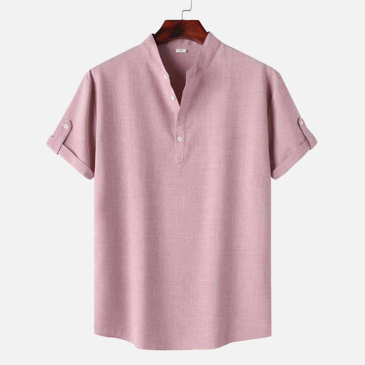 Men's Solid Color Stand Collar Short Sleeve Shirt