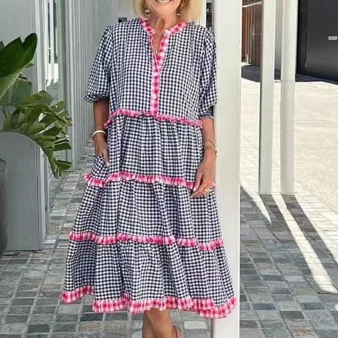 Women's Temperament Plaid Colorblock Stand Collar Dress