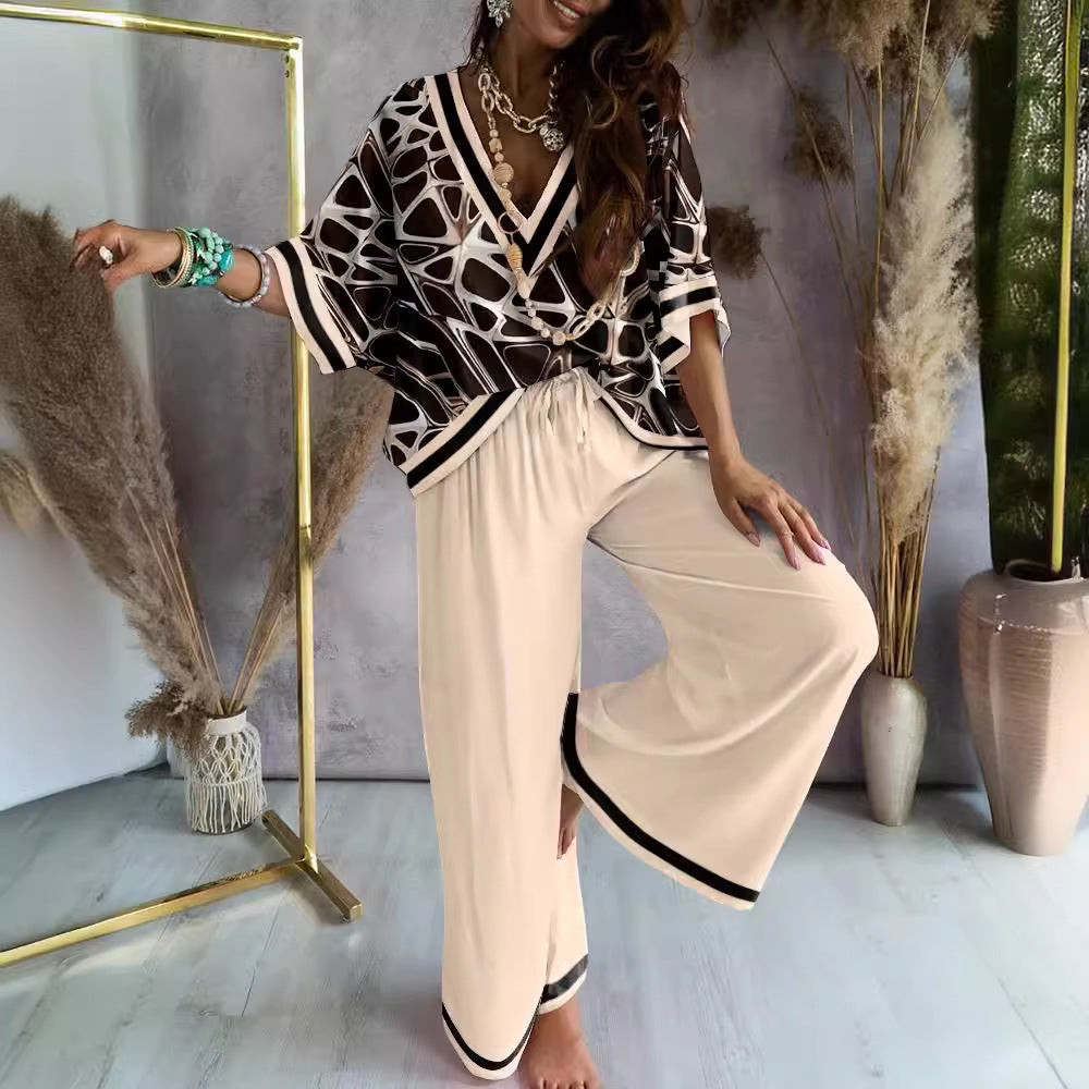 Women's Clothing Printed Batwing Sleeve Top And Wide Leg Pants Suit