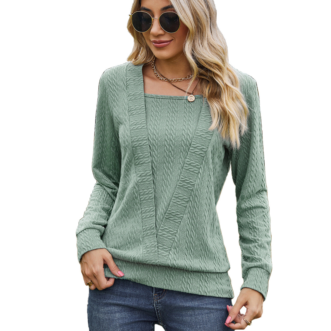 Square Collar Cross Loose Long-sleeved T-shirt Top For Women