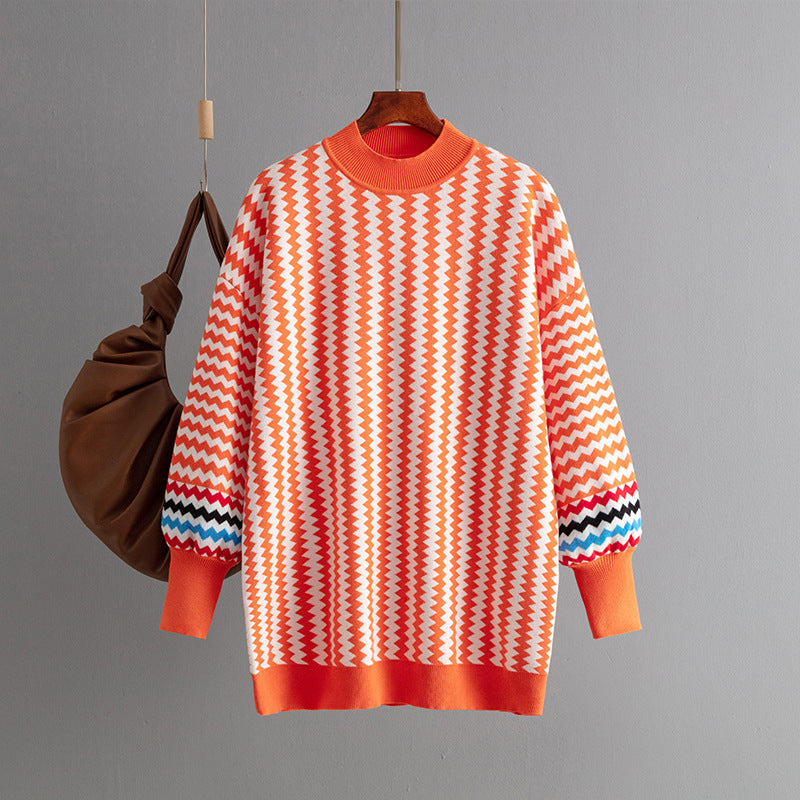 Women's Mid-length Round Neck Striped Loose Sweater