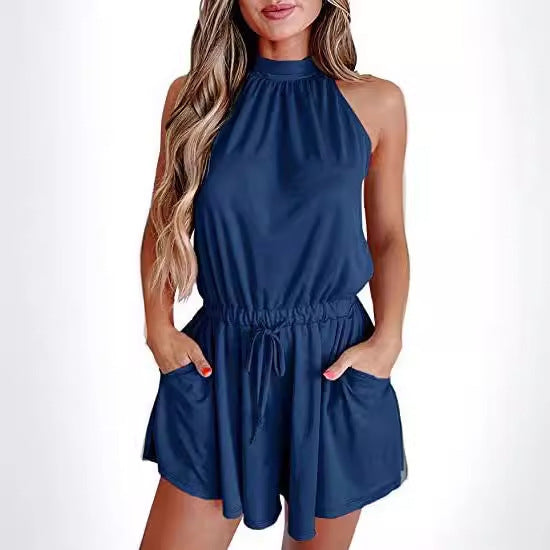 Women's Waist-controlled Lace-up Halter Loose Printed Jumpsuit