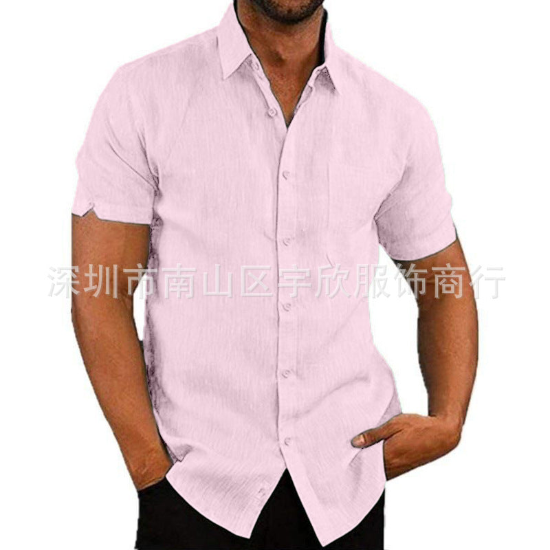 Summer Lapels Solid Color Short Sleeve Button Linen Shirt Men's Clothing