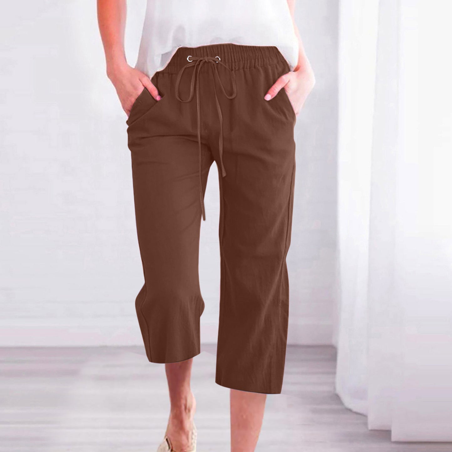 Women's Solid Color Drawstring Cotton And Linen Casual Loose Straight Pocket Home Cropped Pants