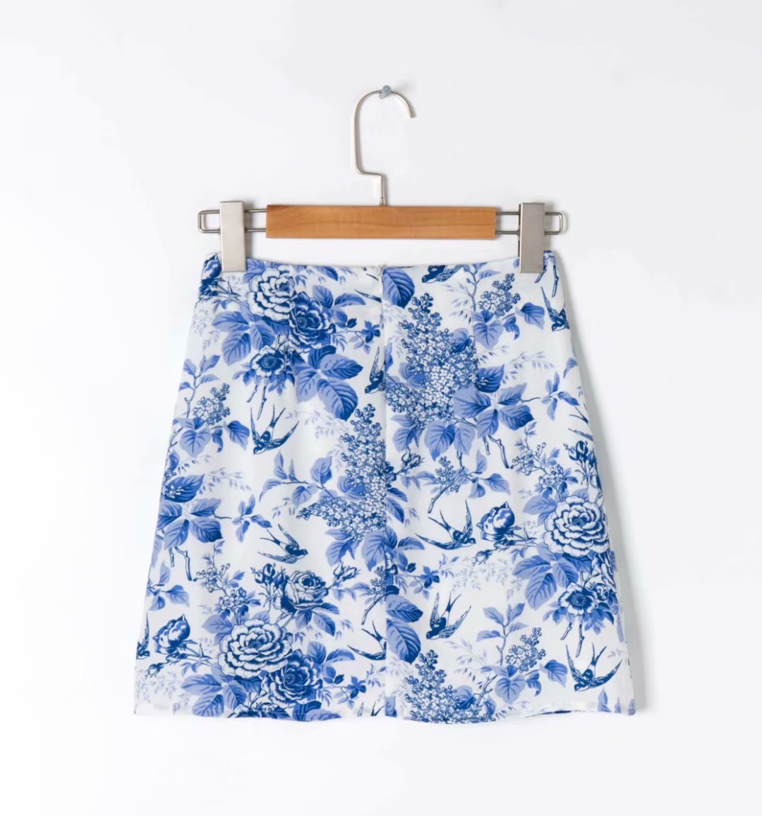 Blue And White Porcelain Printed Stretch Slimming Blue Skirt