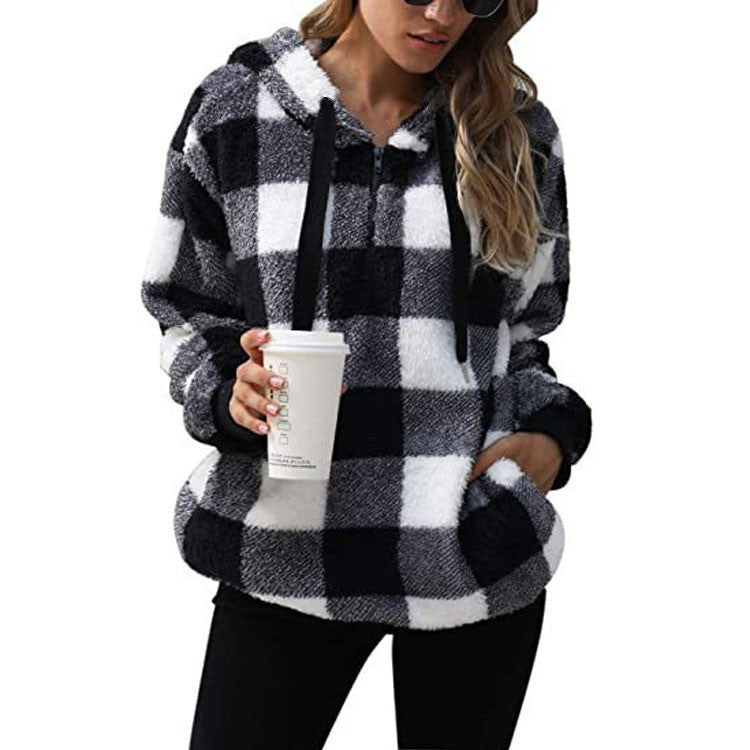 Women's Long-sleeved Hooded Plaid Plush Sweater