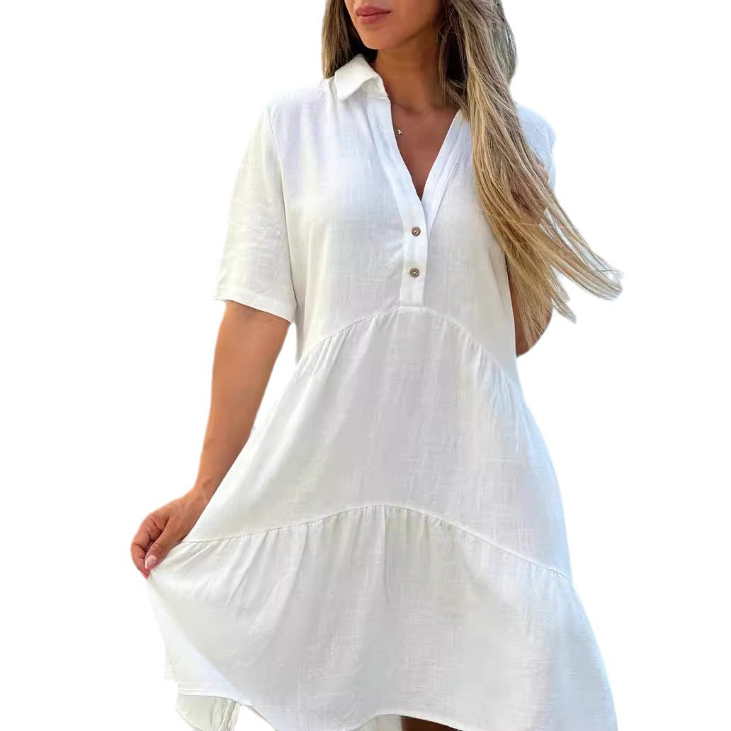 Women's Fashion Loose Solid Color Polo Collar Casual Short Sleeve Cotton Linen Dress