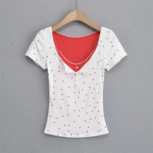 Sweet Girl Polka Dot Breasted Shoulder Short Sleeve Design Two-piece Set