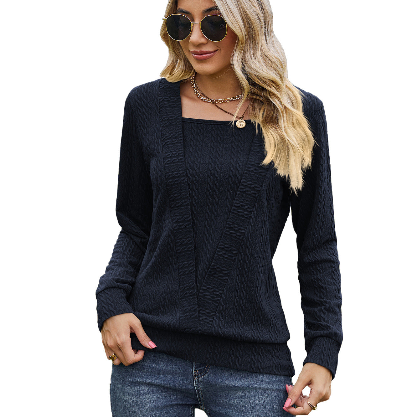 Square Collar Cross Loose Long-sleeved T-shirt Top For Women