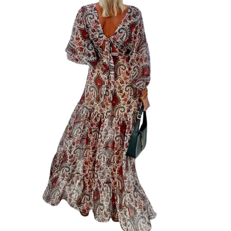 Fashion Temperament Printed V-neck Bohemian Long Dress