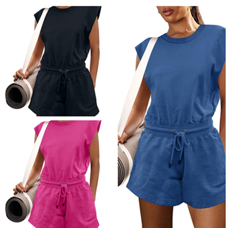 Solid Color Waist Drawstring Fashion Casual Jumpsuit