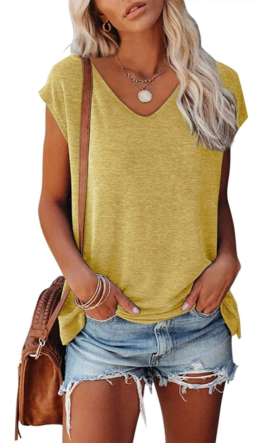 Women's Cap Sleeve V-neck Solid Color Casual Loose-fitting T-shirt