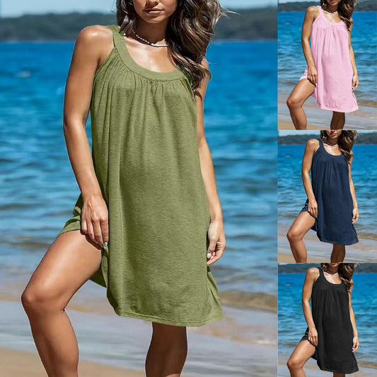 Women's Solid Color Sleeveless Casual Seaside Vacation Beach Dress