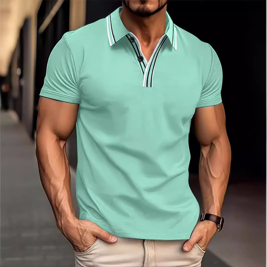 Men's Neckline Striped Casual Polo Collar Button All-match Polo Shirt Short Sleeve