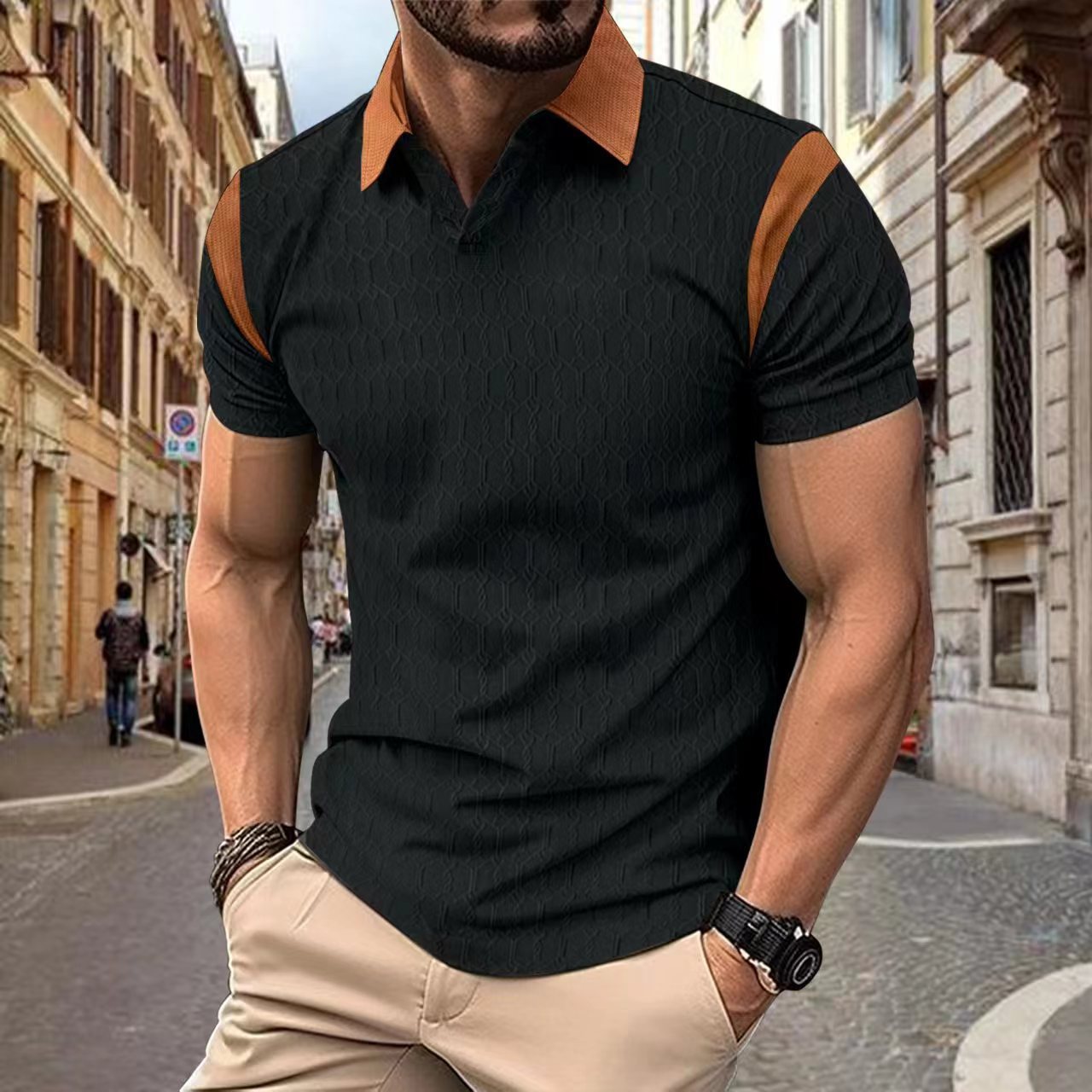 Men's Waffle Jacquard Solid Color Polo Shirt Short Sleeve