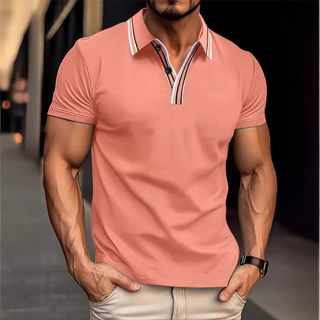 Men's Neckline Striped Casual Polo Collar Button All-match Polo Shirt Short Sleeve