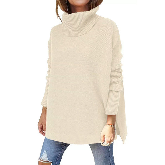 Women's Turtleneck Oversized Mid-length Batwing Split Sleeve Hem Waist Pullover Sweater