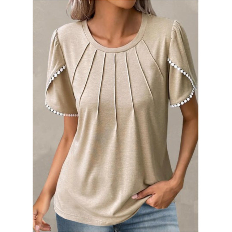 Summer Round Neck Tassel Tulip Sleeve T-shirt Casual Top For Women