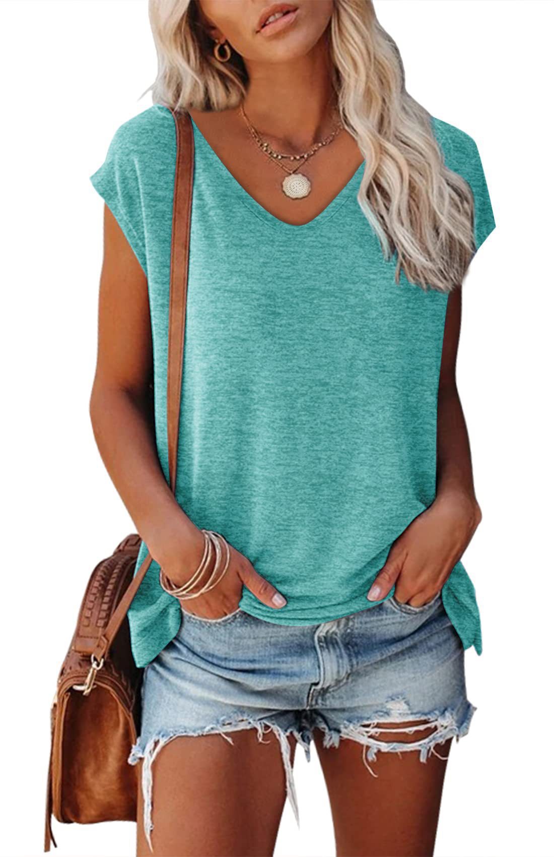 Women's Cap Sleeve V-neck Solid Color Casual Loose-fitting T-shirt