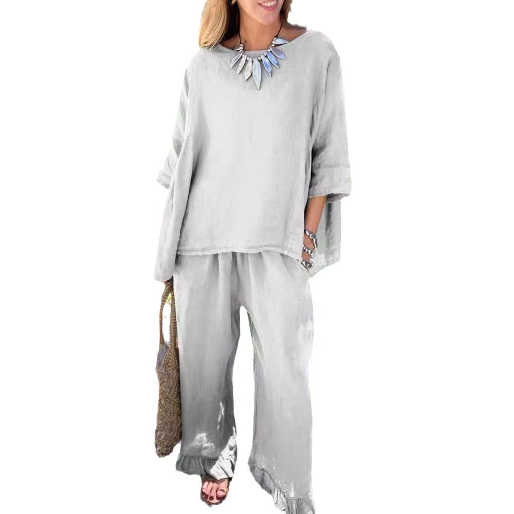 Cotton And Linen Women's Fashion Loose Trousers Two-piece Suit