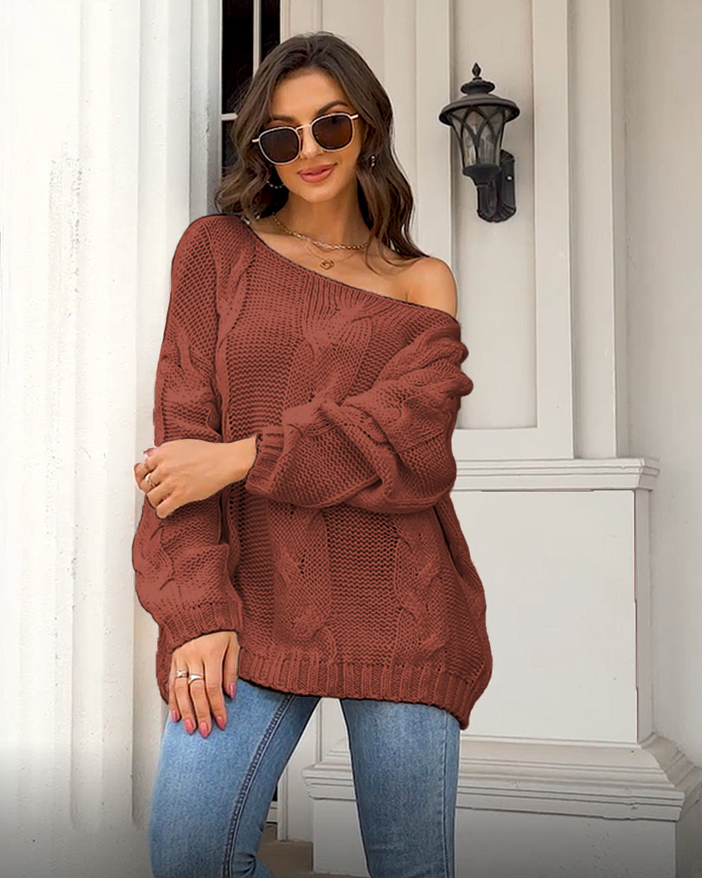 Off-neck Cable-knit Pullover Loose-fitting Oversized Sweater