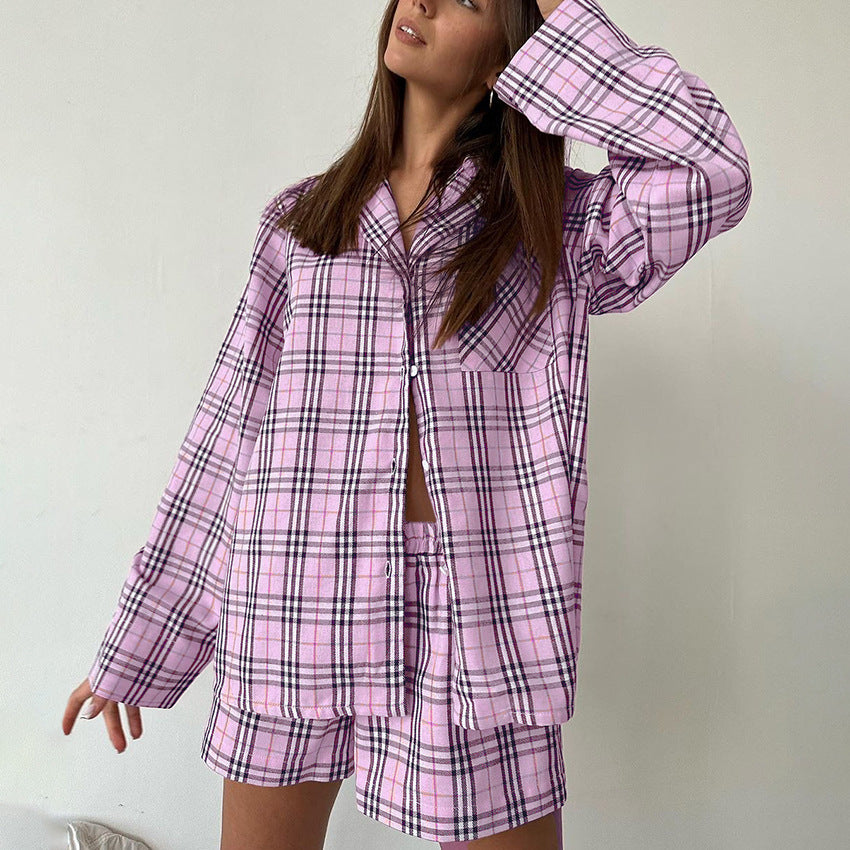 Casual Loose Plaid Shirt Shorts Suit