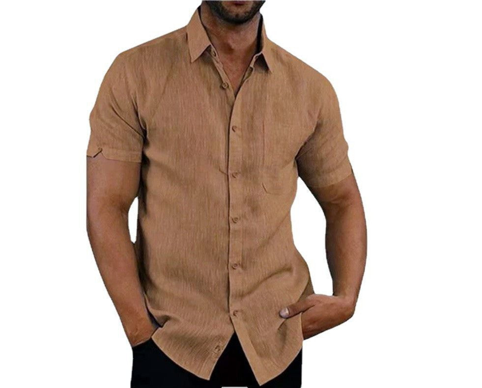 Summer Lapels Solid Color Short Sleeve Button Linen Shirt Men's Clothing