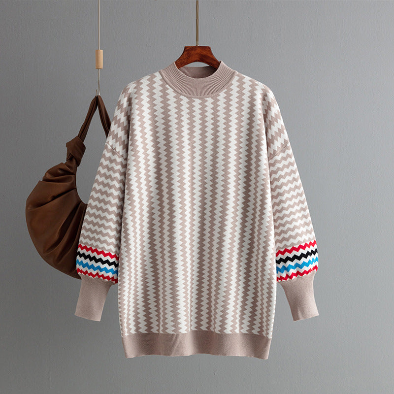 Women's Mid-length Round Neck Striped Loose Sweater