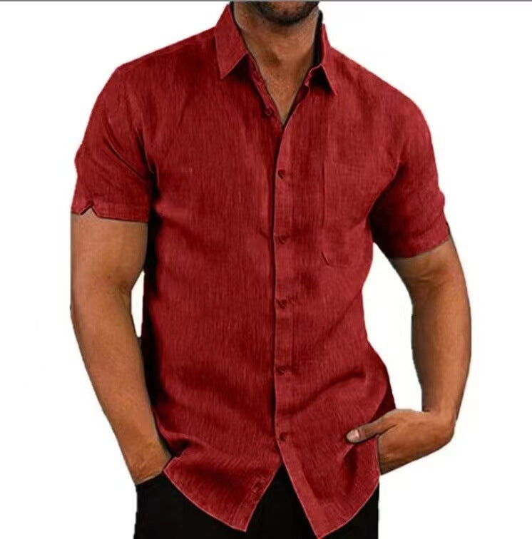 Summer Lapels Solid Color Short Sleeve Button Linen Shirt Men's Clothing