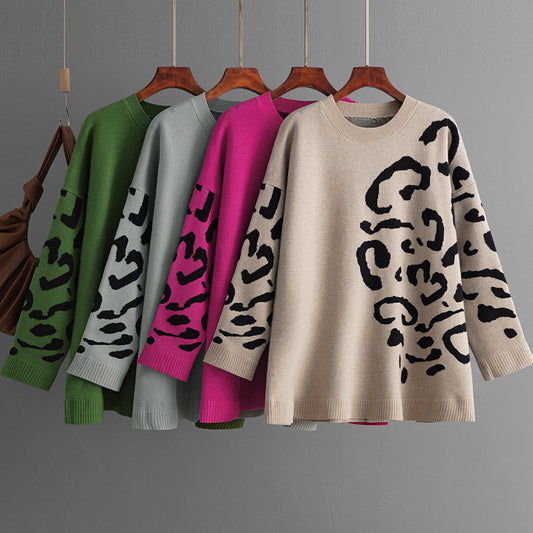 Knitted Brocade Sweater Women's Round Neck Pullover Leopard Print