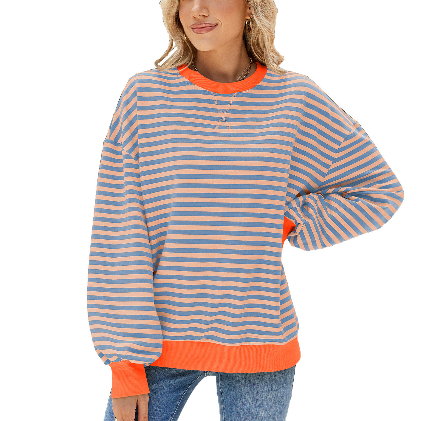 Women's Stripes Round Neck Contrast Color Loose Long Sleeve Sweatershirt