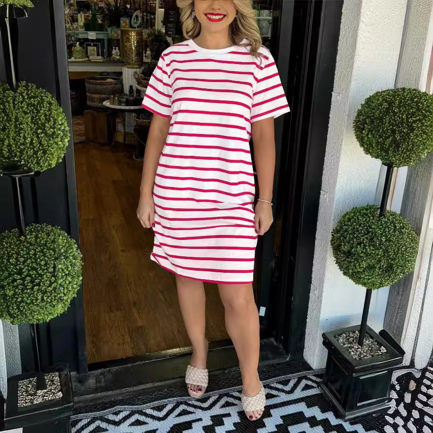 Fashion Striped Round Neck Dress Women