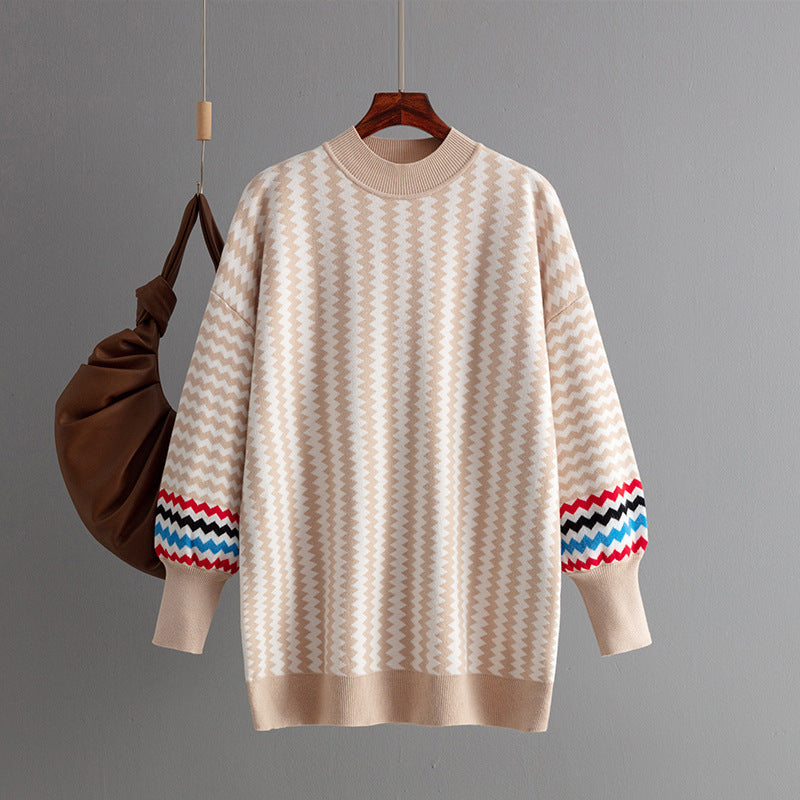 Women's Mid-length Round Neck Striped Loose Sweater