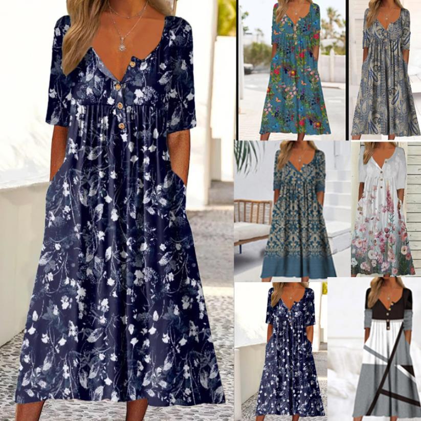 Printed Pocket Clinch Long Dress