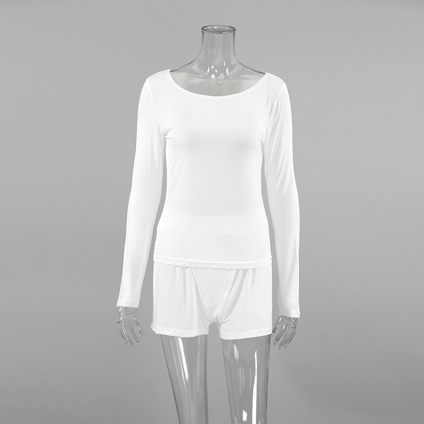 Slim-fit Soft Skin-friendly White Long Sleeve Shorts Two-piece Set