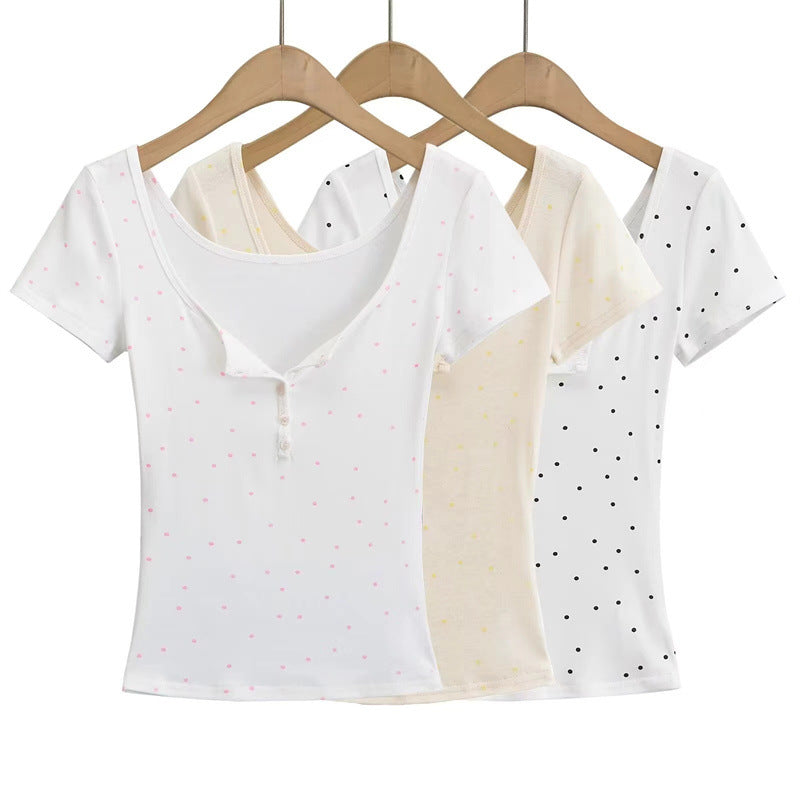 Sweet Girl Polka Dot Breasted Shoulder Short Sleeve Design Two-piece Set