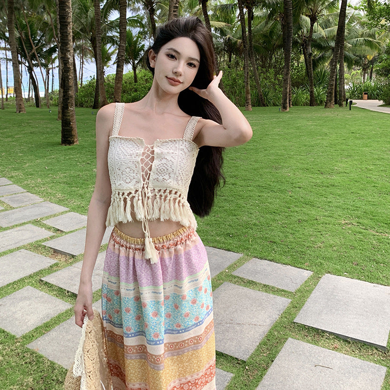 Bohemian Style Retro Tassel Suspender Top High Waist Skirt