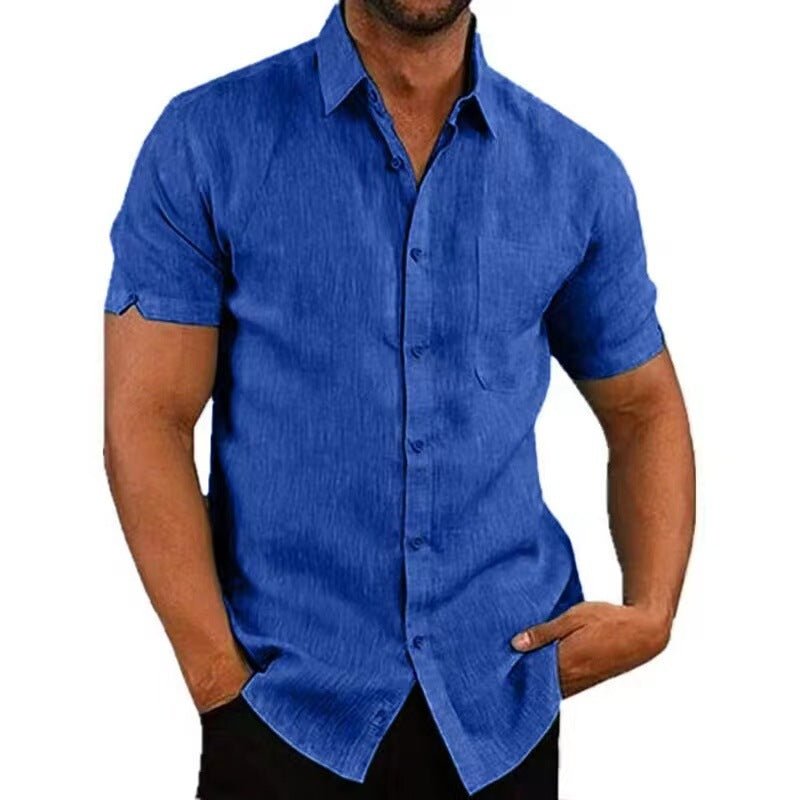 Summer Lapels Solid Color Short Sleeve Button Linen Shirt Men's Clothing