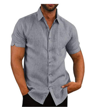 Summer Lapels Solid Color Short Sleeve Button Linen Shirt Men's Clothing