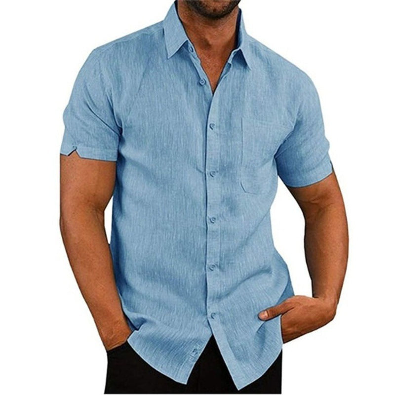 Summer Lapels Solid Color Short Sleeve Button Shirt Men's Short Sleeve