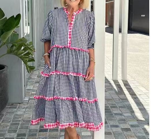 Women's Temperament Plaid Colorblock Stand Collar Dress