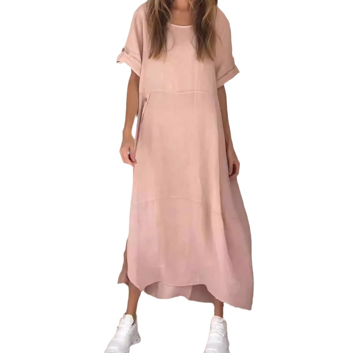 Loose Casual Solid Color Short Sleeve Cotton And Linen Dress