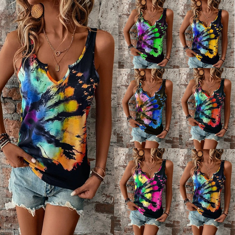 Printed Painted V-neck Open Vest Top