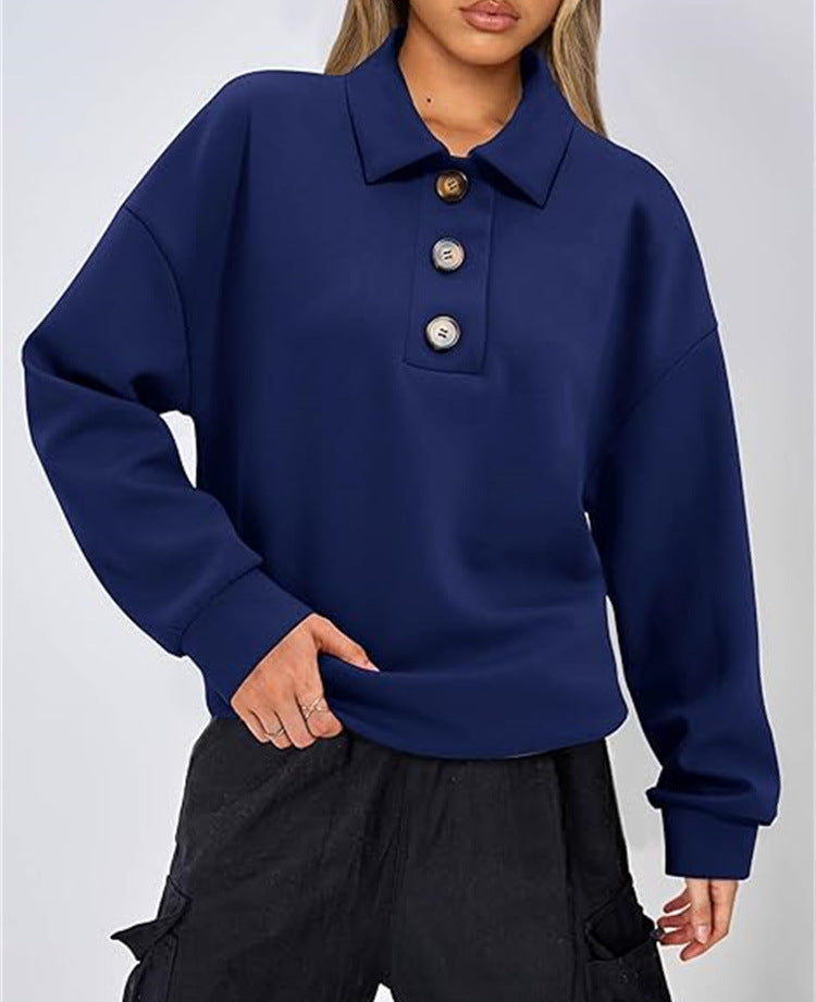 Solid Color Polo Collar Loose Long Sleeve Sweatershirt