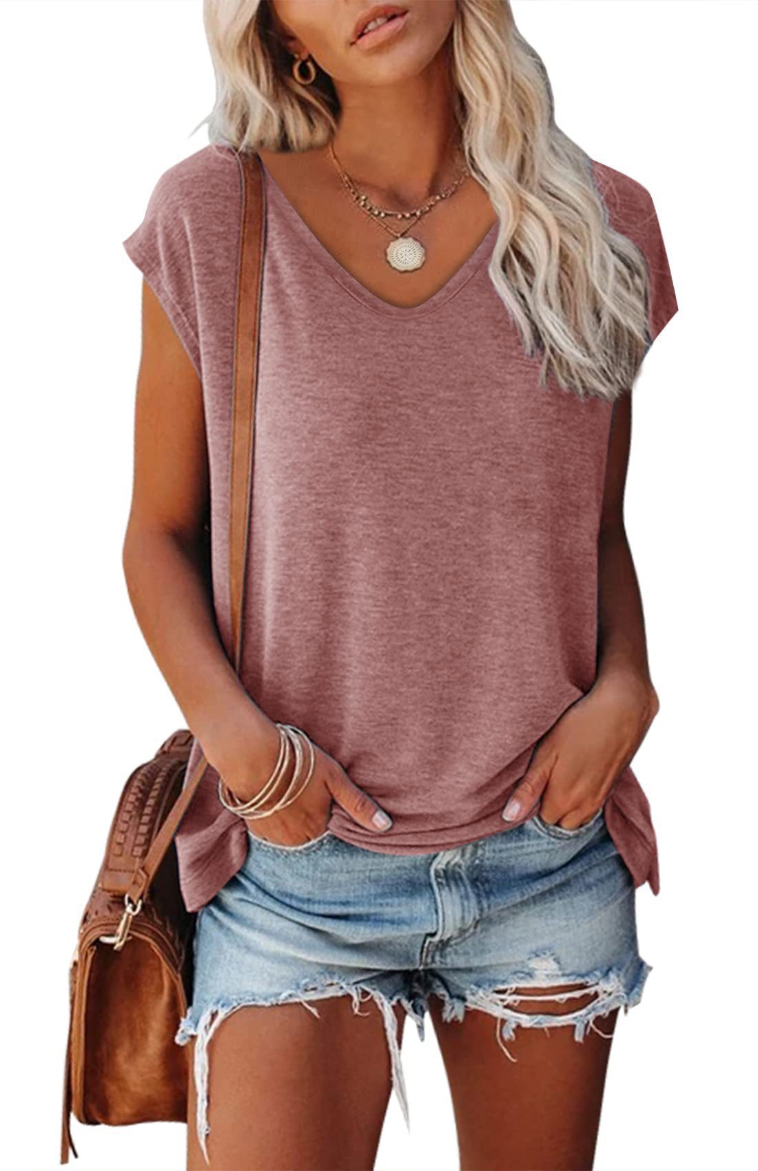 Women's Cap Sleeve V-neck Solid Color Casual Loose-fitting T-shirt