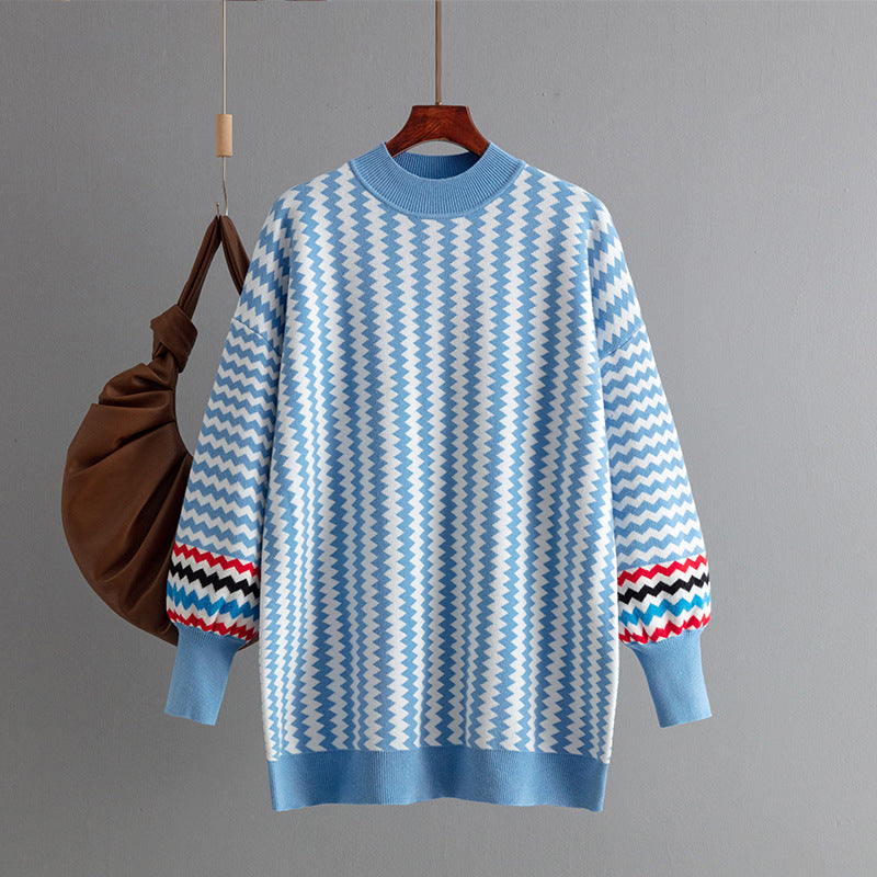 Women's Mid-length Round Neck Striped Loose Sweater